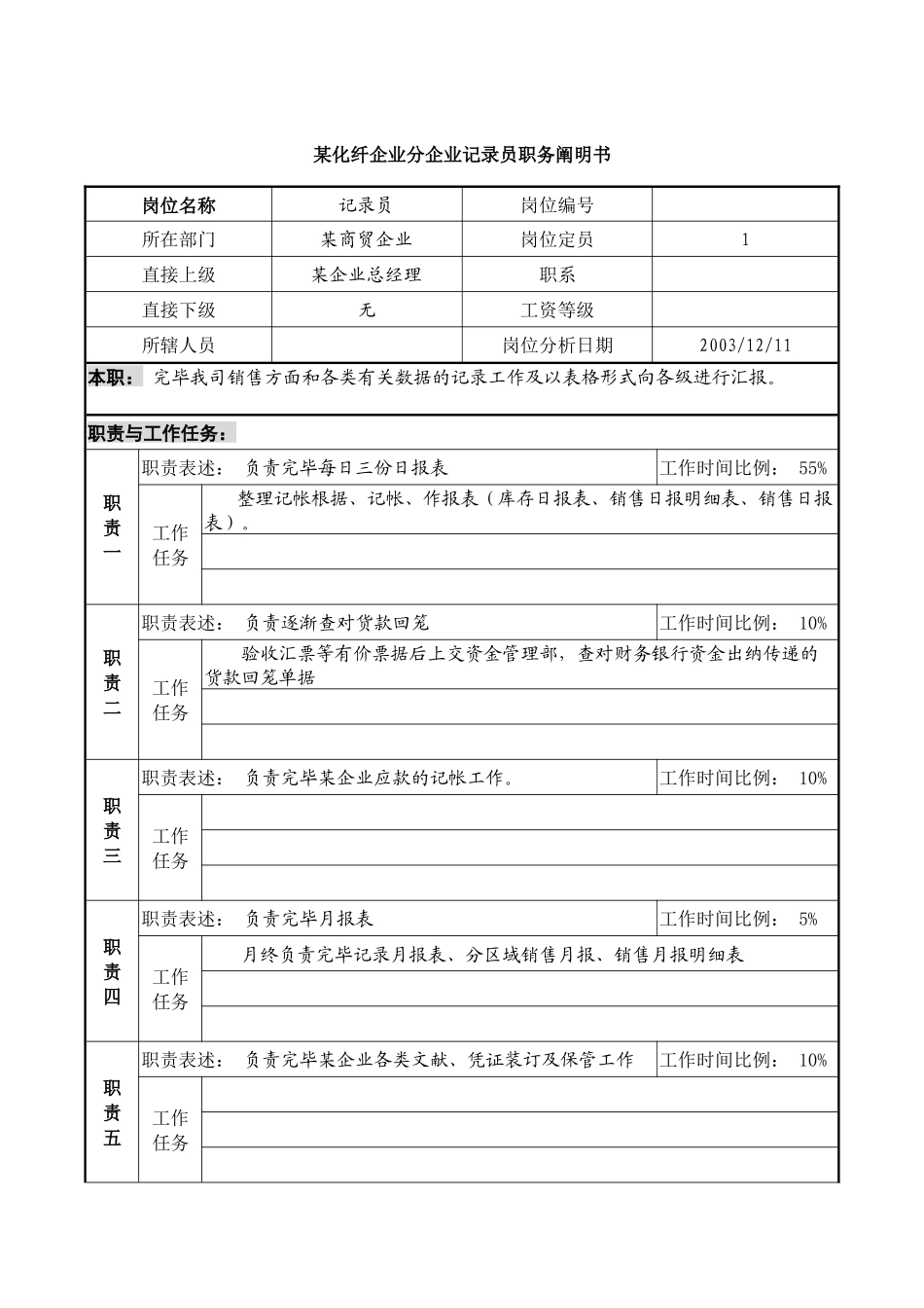 2025年化纤企业分公司统计员职务说明书_第1页