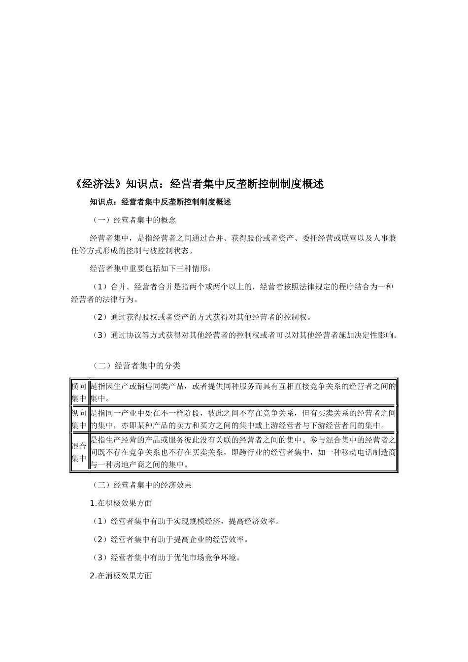 2025年《经济法》知识点经营者集中反垄断控制制度概述_第1页