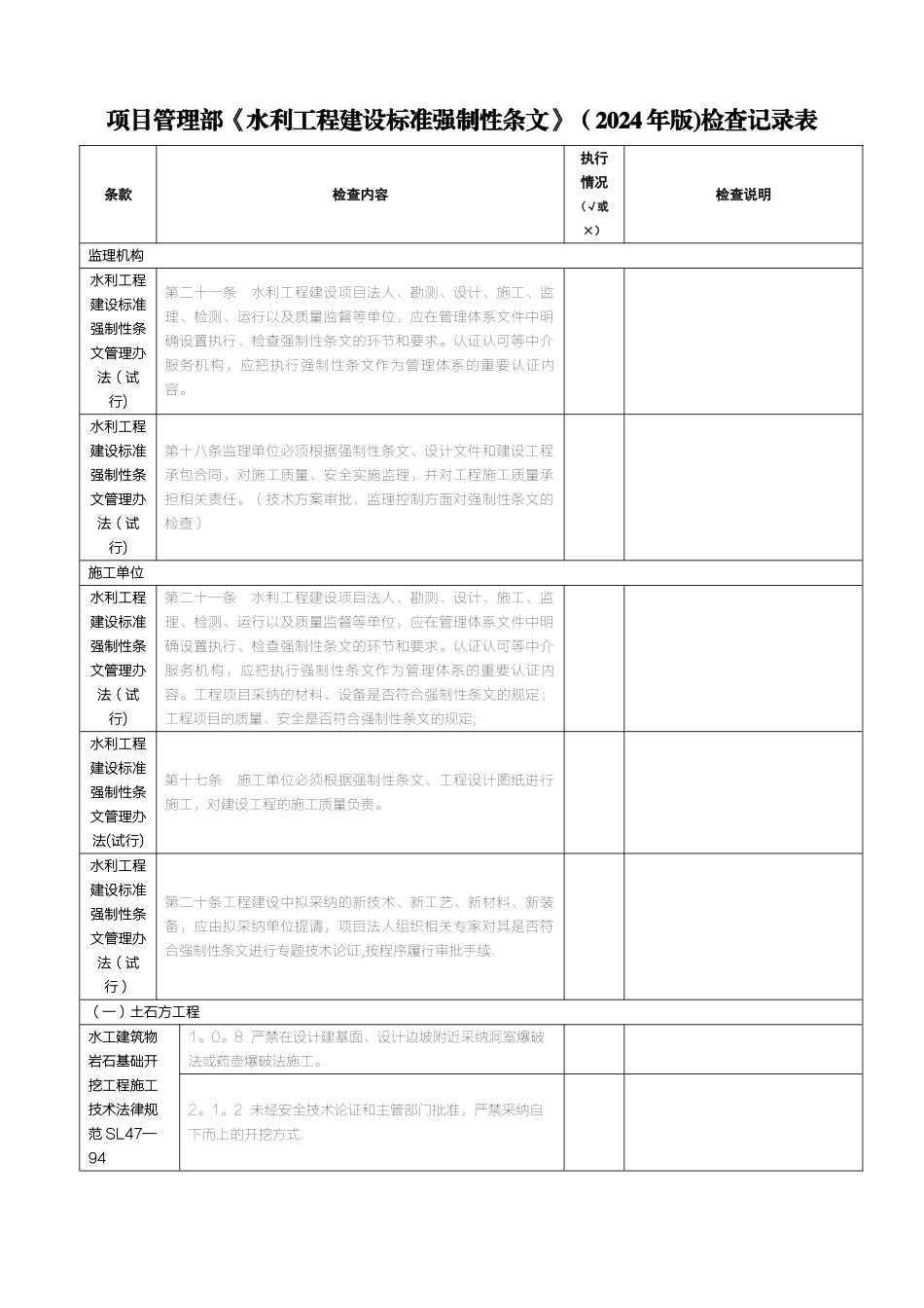 水利工程建设标准强制性条文检查记录表_第1页