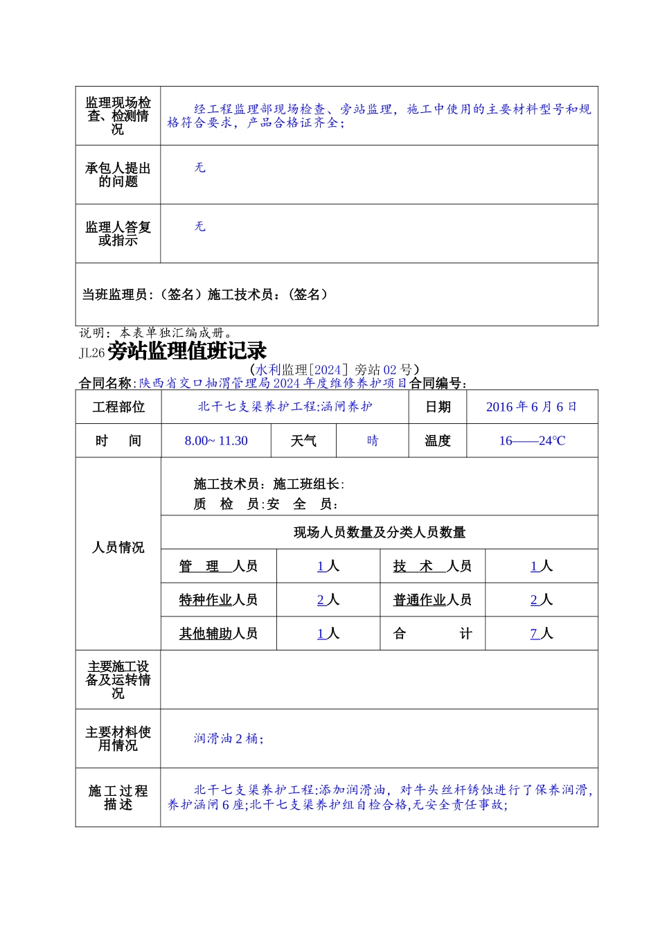 水利工程监理旁站值班记录_第2页