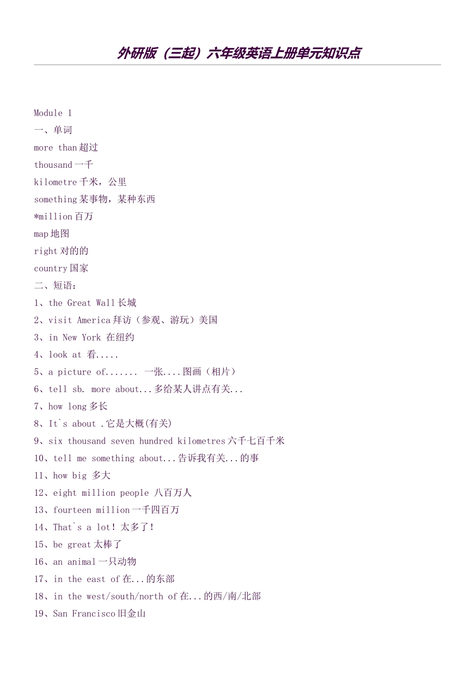 2025年外研版三起六年级英语上册单元知识点_第1页