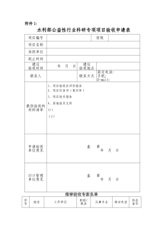 水利部公益性行业科研专项项目验收申请表