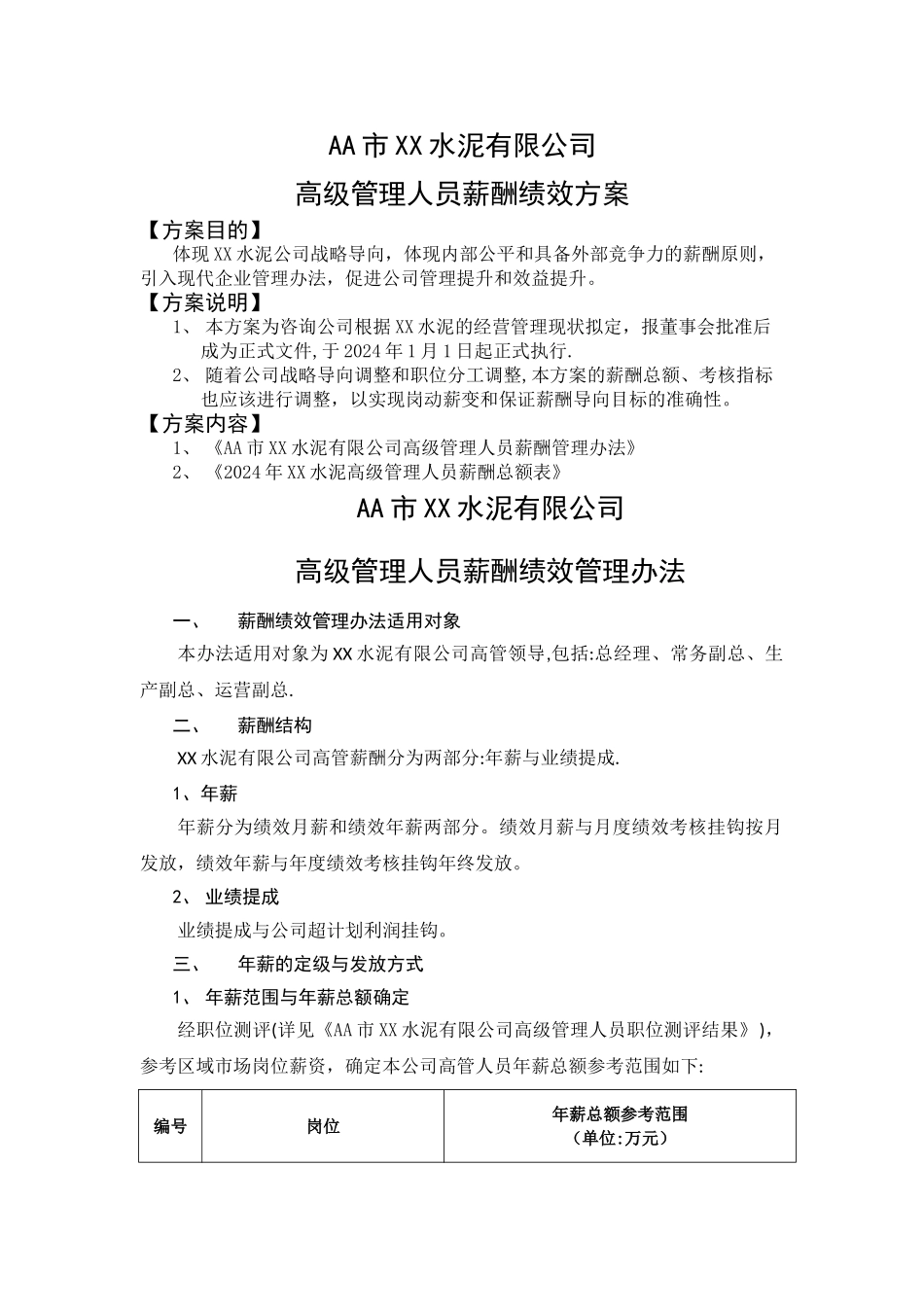 水泥厂高级管理人员薪酬绩效方案_第1页