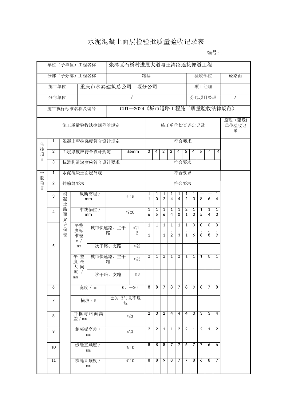 水泥混凝土面层检验批质量验收记录表_第1页