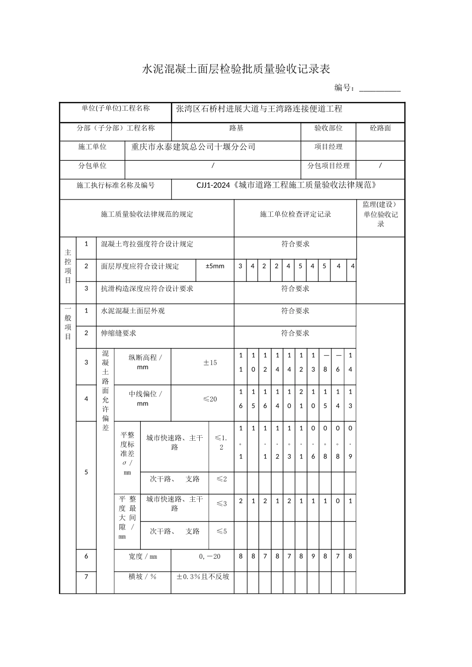 水泥混凝土面层检验批质量验收记录表_第1页