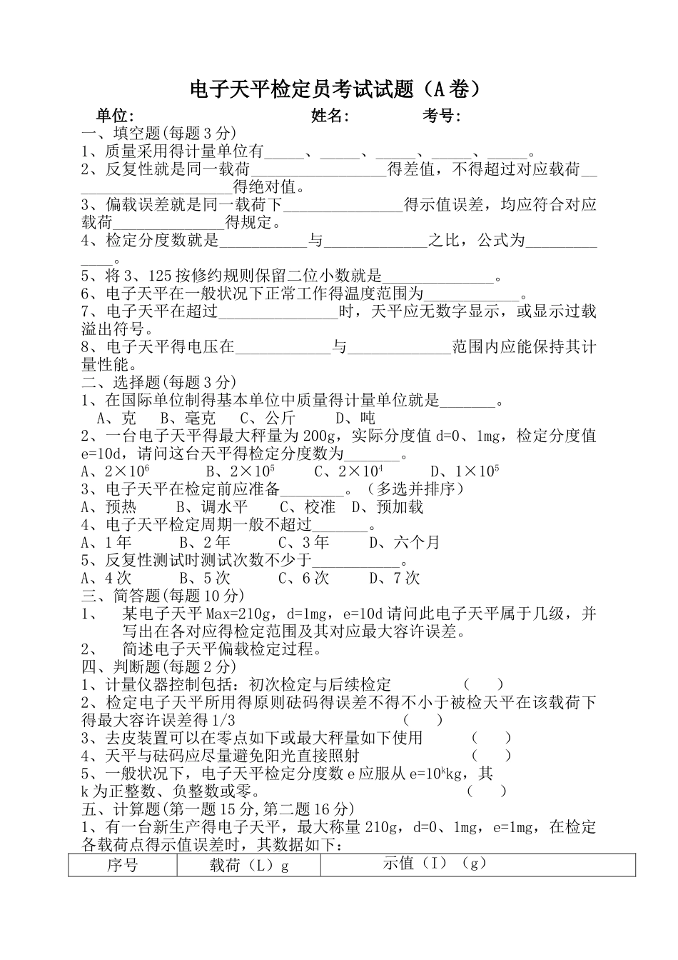 2025年电子天平检定员考试试题A卷_第1页