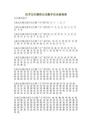 汉字五行属性以及数字吉凶查询表
