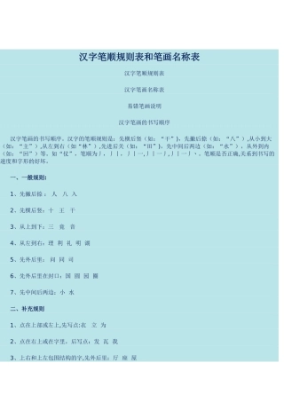 汉字笔顺规则表和笔画名称表