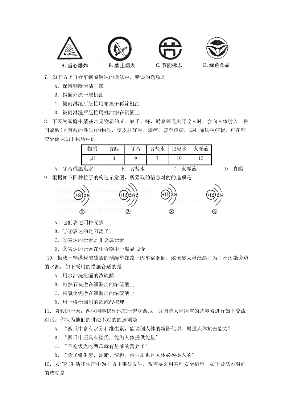 2025年滨州市初中学业水平测试化学试卷初中化学_第2页