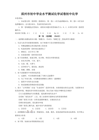 2025年滨州市初中学业水平测试化学试卷初中化学