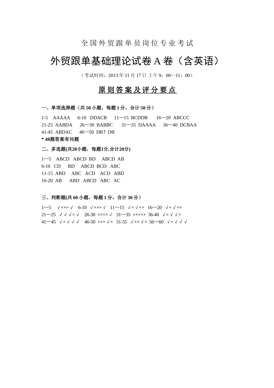 2025年全国外贸跟单员岗位专业考试理论实务答案_第1页