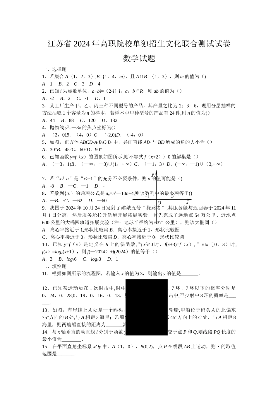江苏省2024年高职院校单独招生文化联合测试试卷数学试题1_第1页