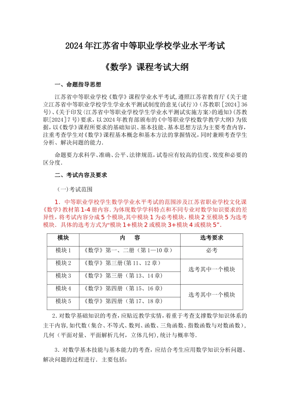 江苏省中等职业学校学业水平考试《数学》课程考试大纲_第1页