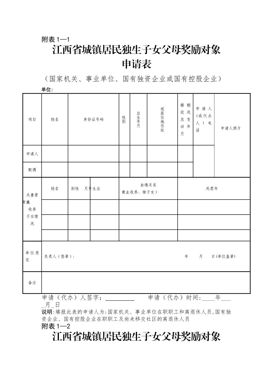 江西省城镇居民独生子女父母奖励对象申请表_第1页