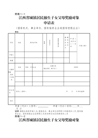 江西省城镇居民独生子女父母奖励对象申请表