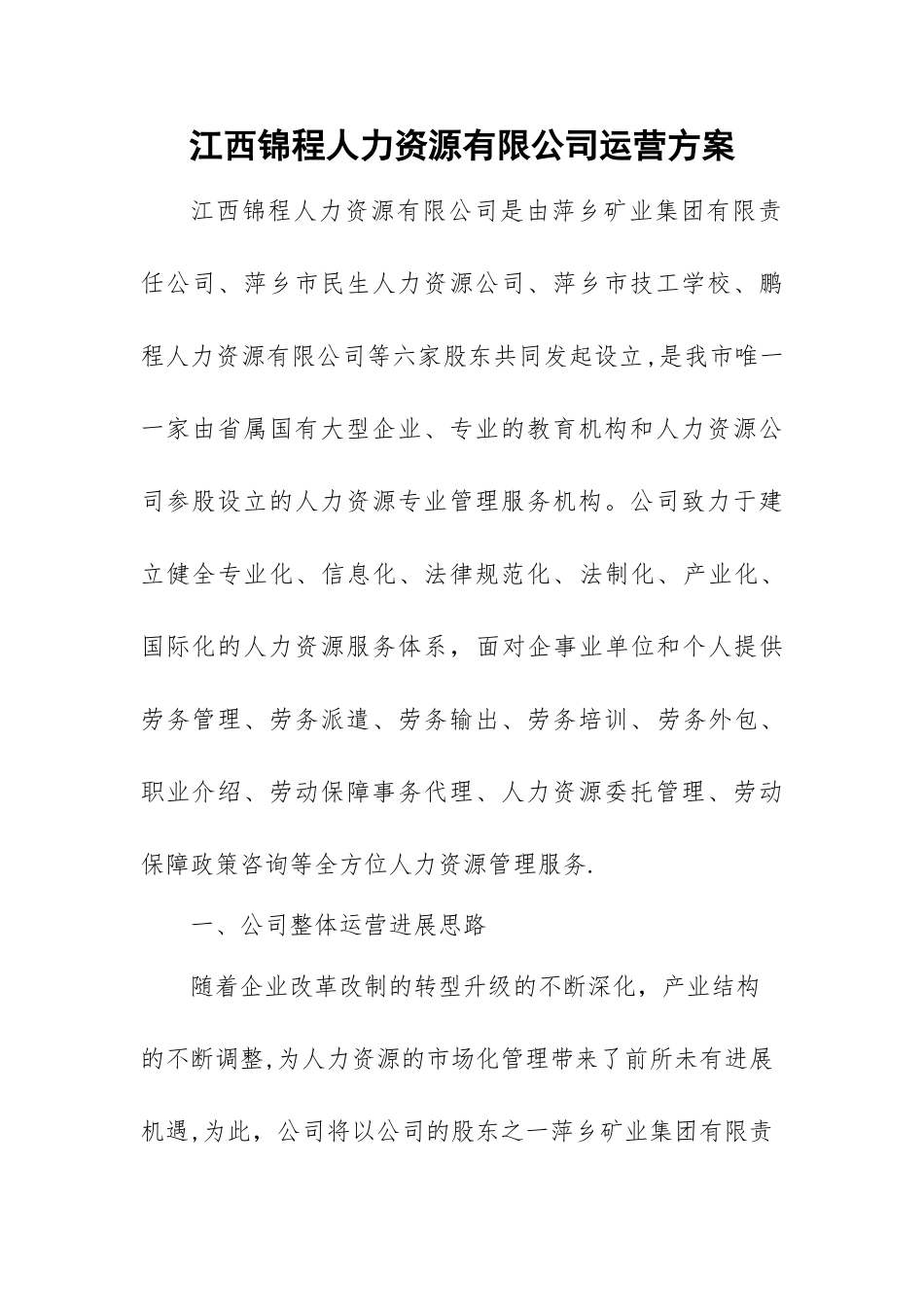 江西锦程人力资源有限公司运营方案_第1页