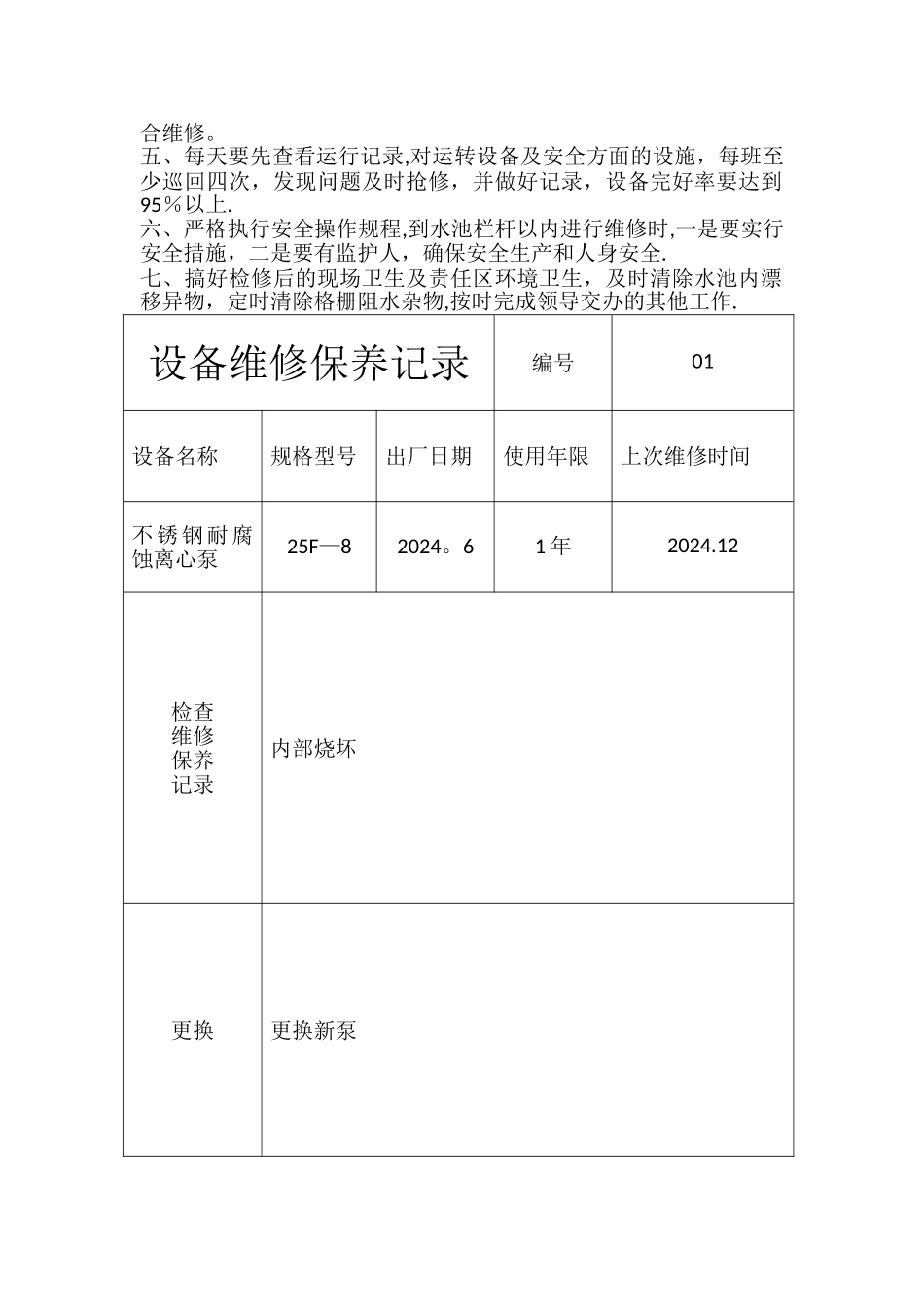 污水处理中心设备维护保养记录表_第2页
