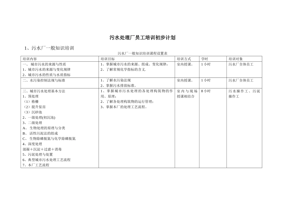 污水处理厂员工培训初步计划_第1页
