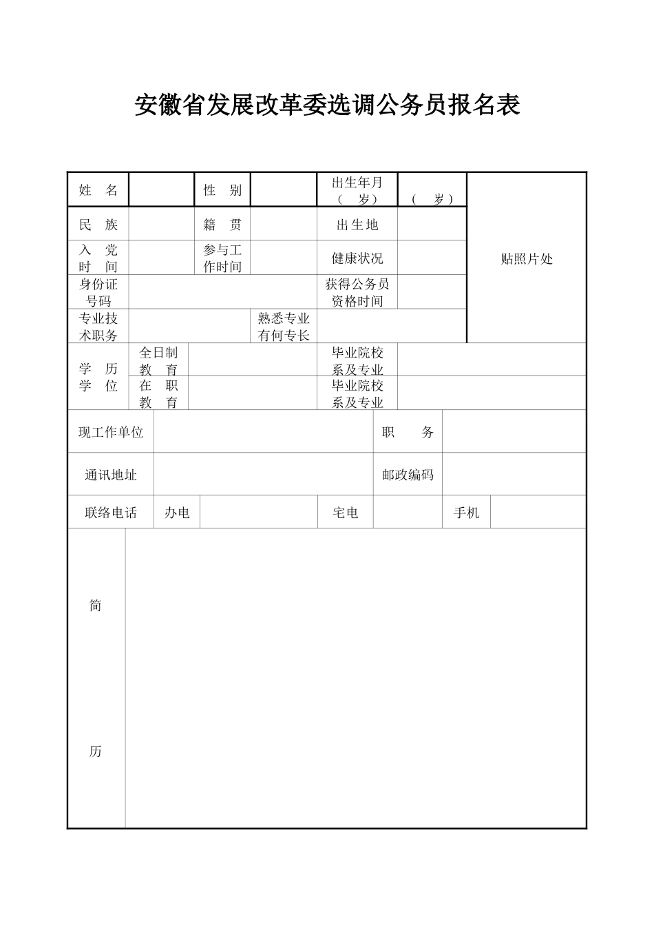 2025年安徽省发展改革委选调公务员报名表_第1页