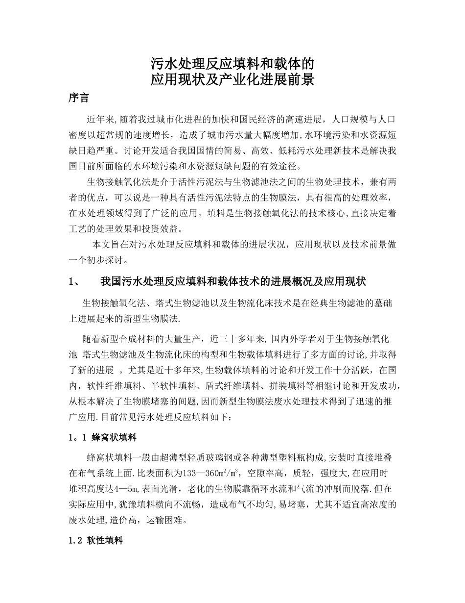 污水处理反应填料和载体的应用现状及发展前景_第1页