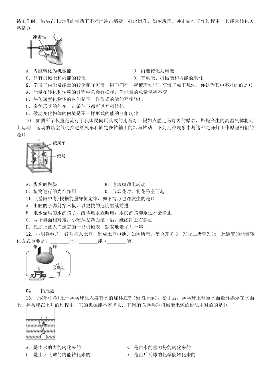 2025年广东专用版019九年级物理全册第十四章第3节能量的转化和守恒习题新版新人教版_第2页