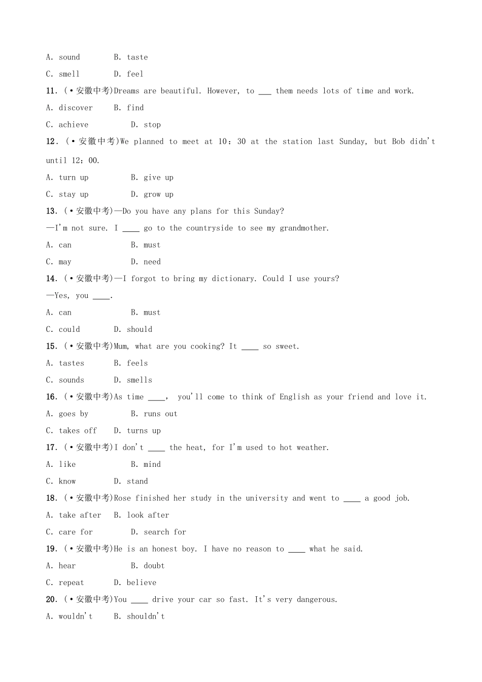 2025年安徽省中考英语总复习语法专项复习语法九动词及动词短语六年真题回顾_第2页