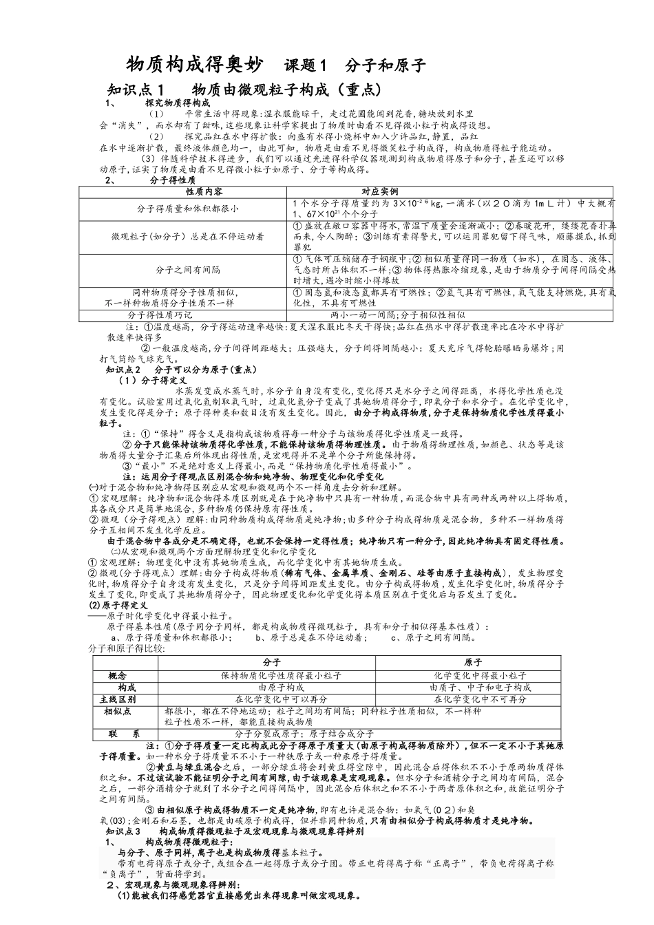 2025年人教版化学 九年级上册  3.1分子和原子 知识点讲义无答案_第1页