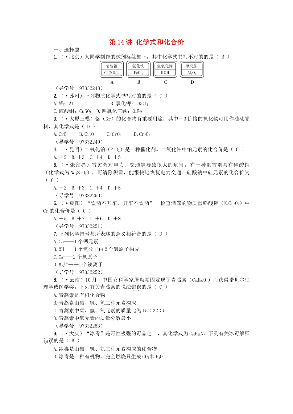 2025年中考化学总复习考点聚焦化学式和化合价试题_第1页