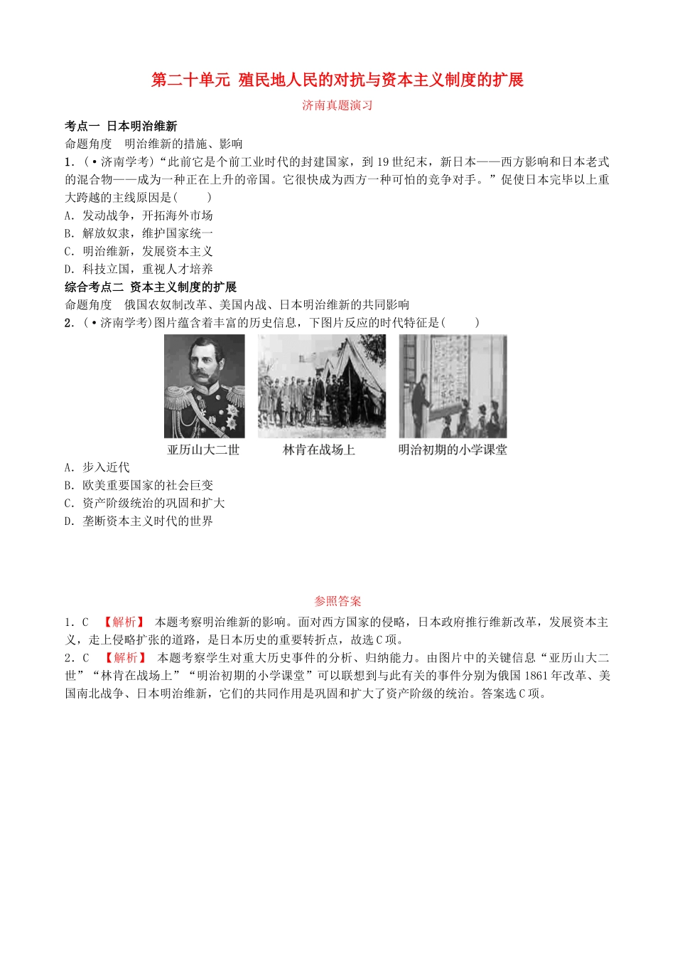 2025年山东省济南市中考历史总复习九下第二十单元殖民地人民的反抗与资本主义制度的扩展真题演练新人教版_第1页