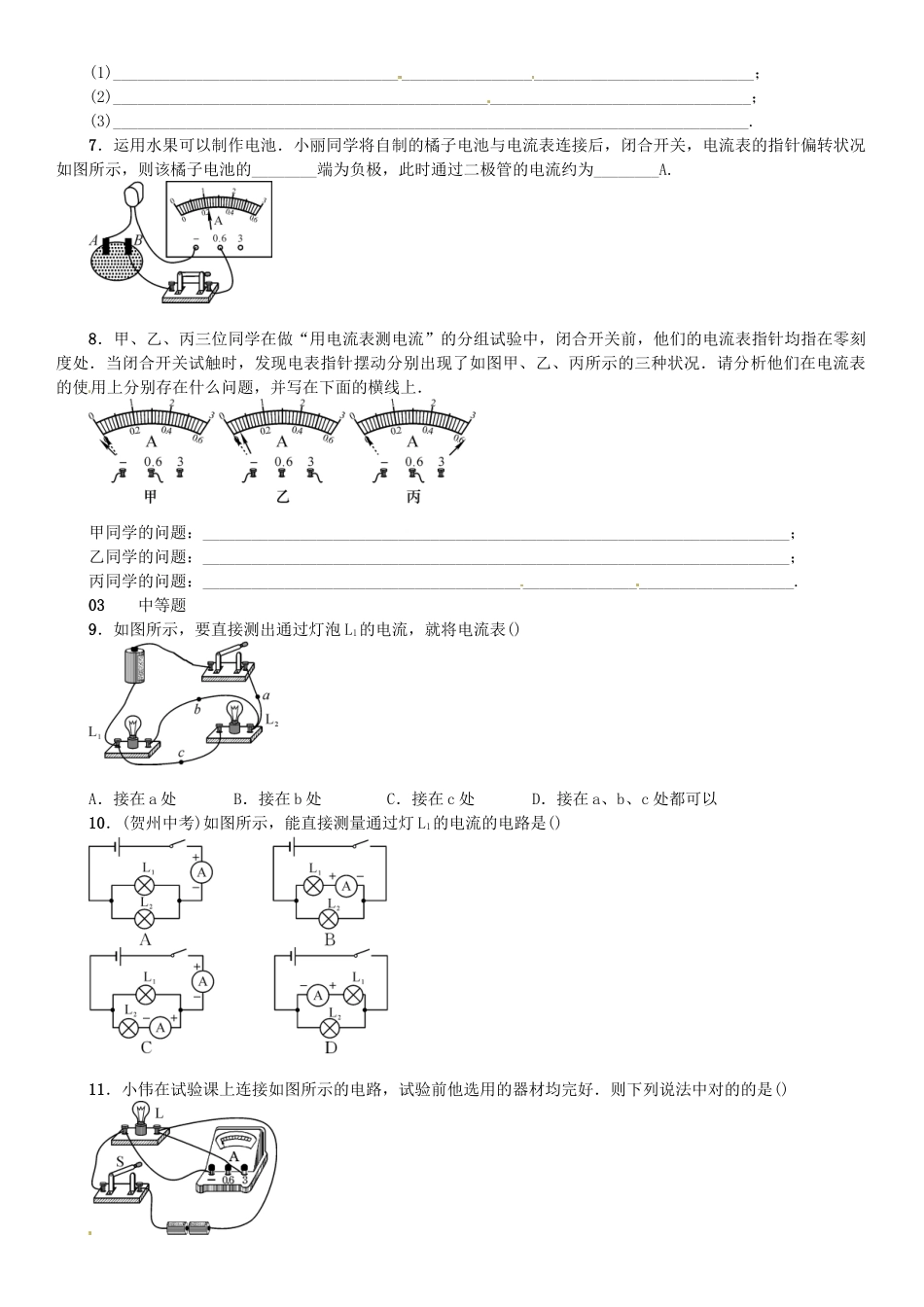 2025年广东专用版019九年级物理全册第十五章第4节电流的测量习题新版新人教版_第2页