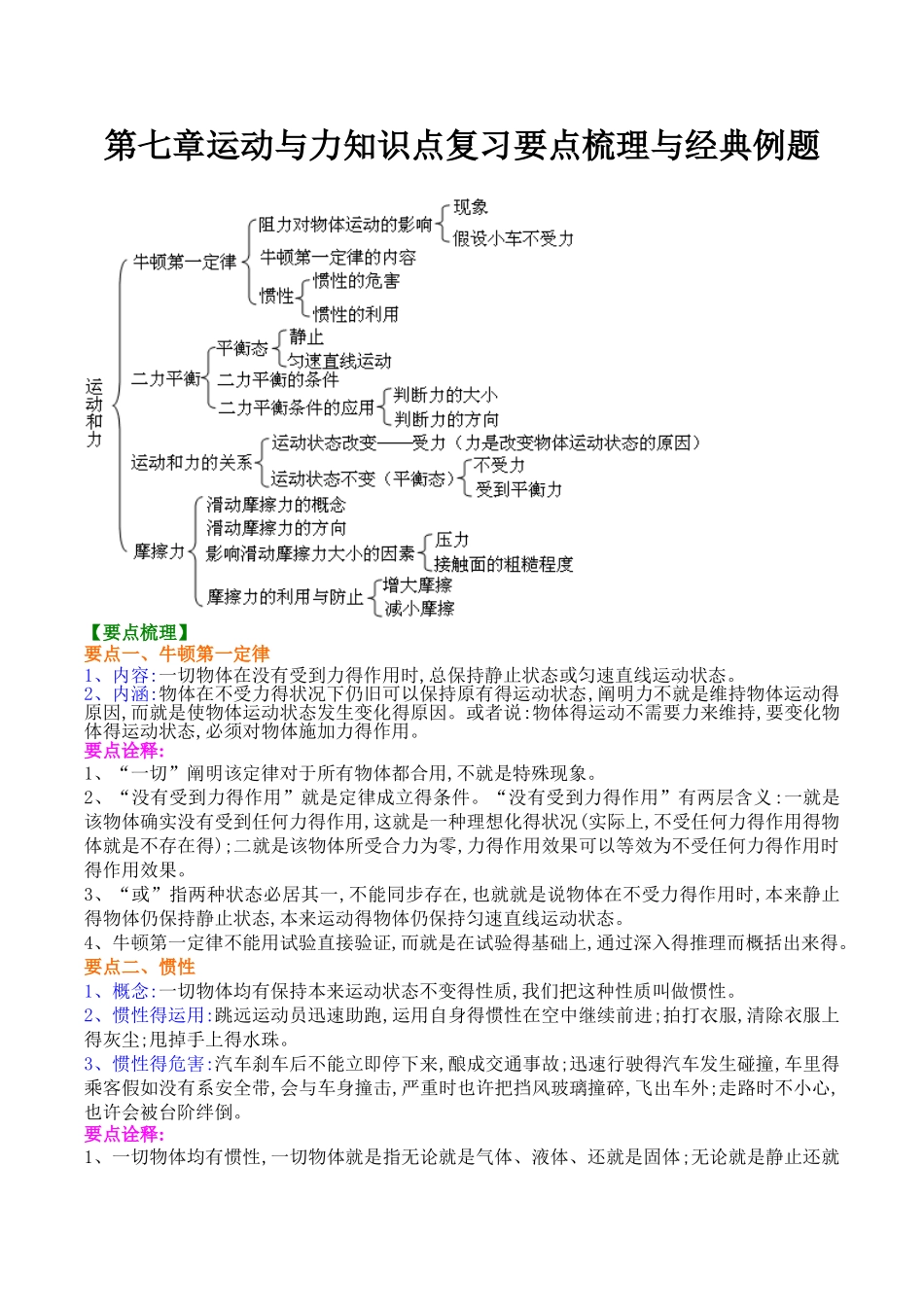 2025年第七章运动和力知识点复习要点梳理与典型例题_第1页
