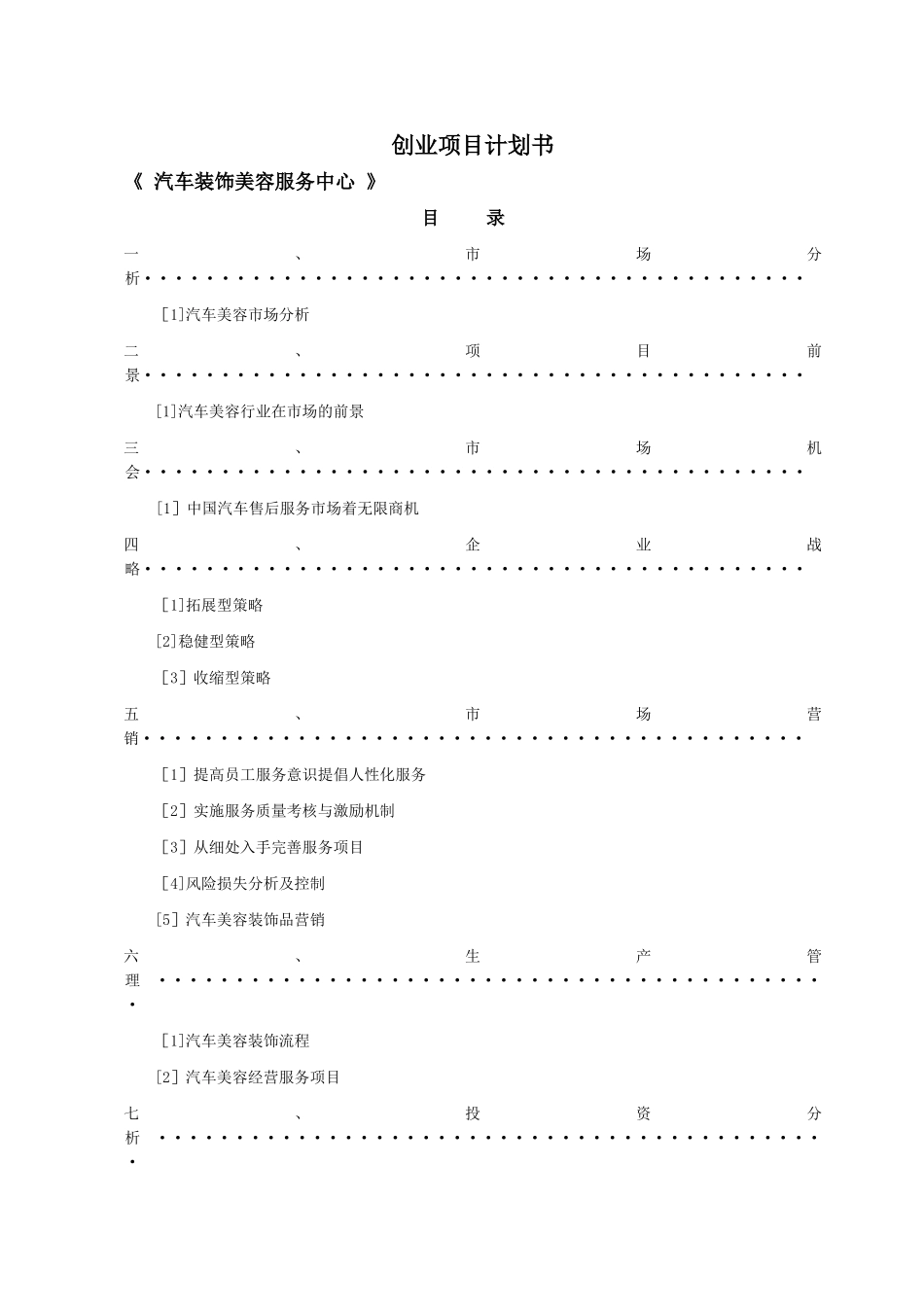 汽车美容装饰创业项目计划书_第1页