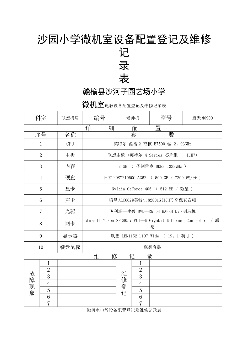 沙园小学电教设备配置登记及维修记录表_第1页