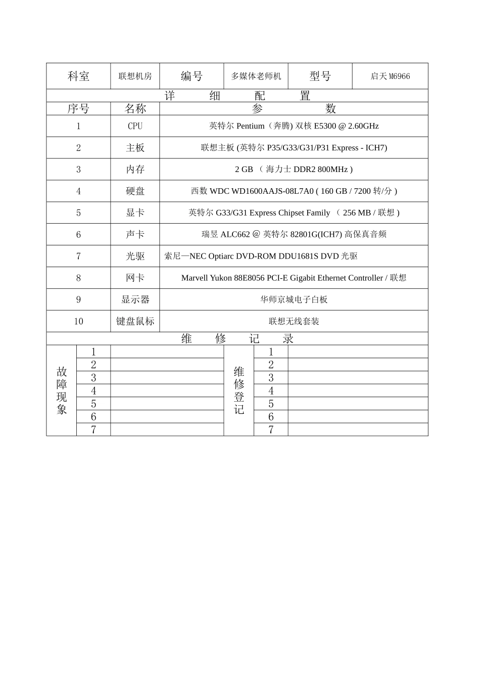 沙园小学电教设备配置登记及维修记录表_第2页