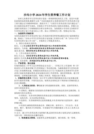沙沟小学学生营养改善计划工作实施计划