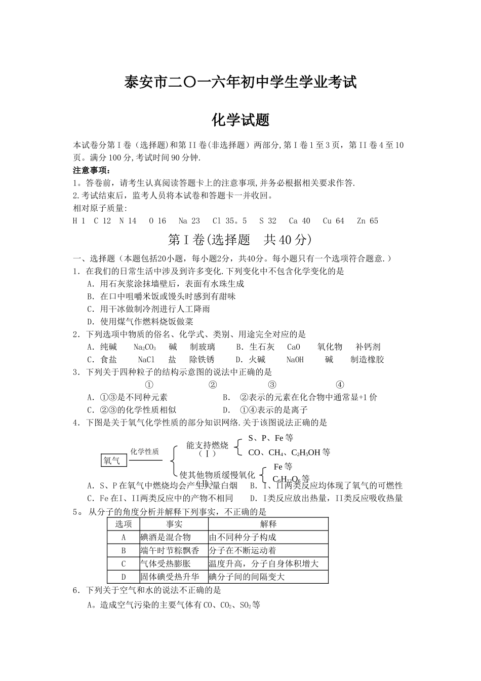 泰安初中化学中考试题及答案_第1页