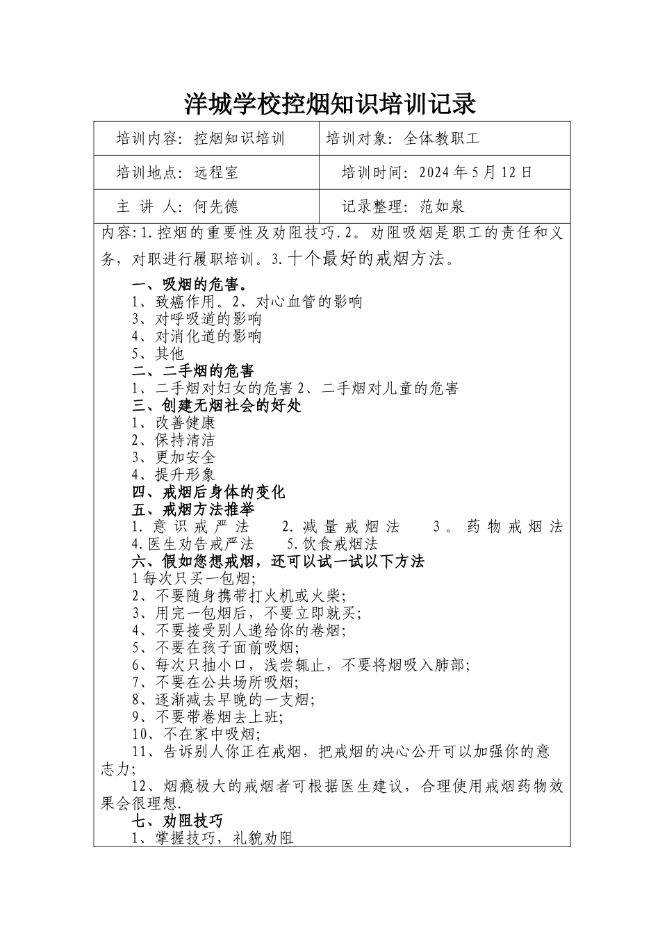 洋城学校控烟知识培训记录_第1页