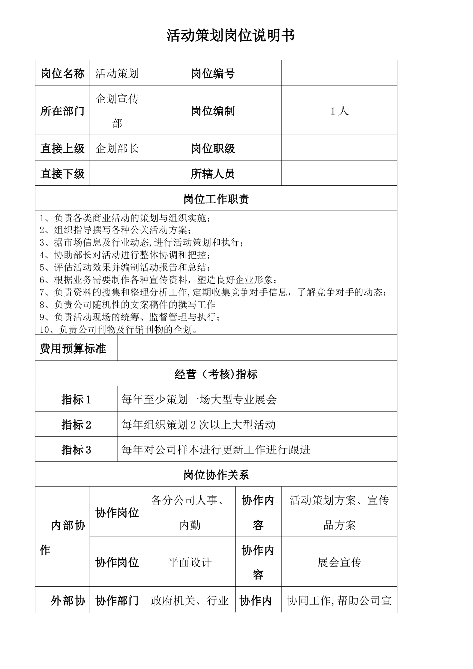活动策划岗位说明书_第1页