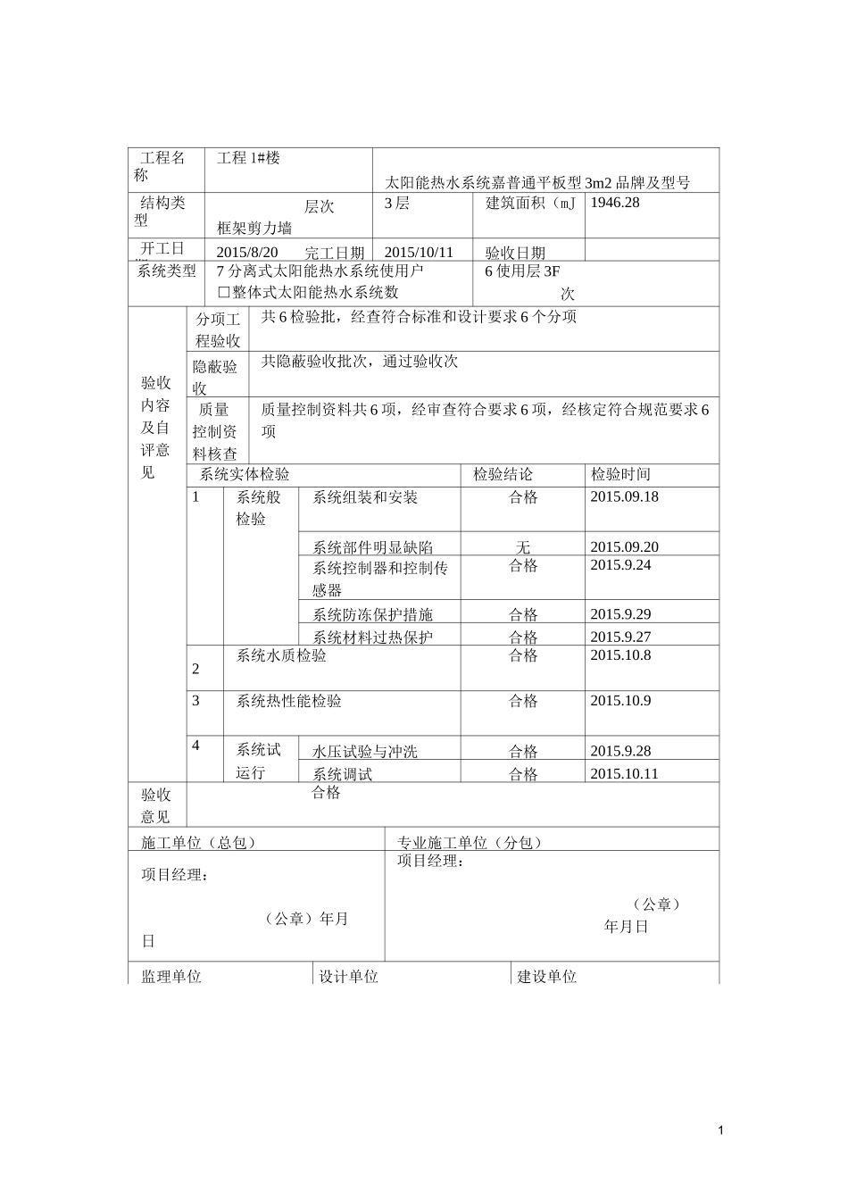太阳能热水系统子分部工程质量验收记录_第1页