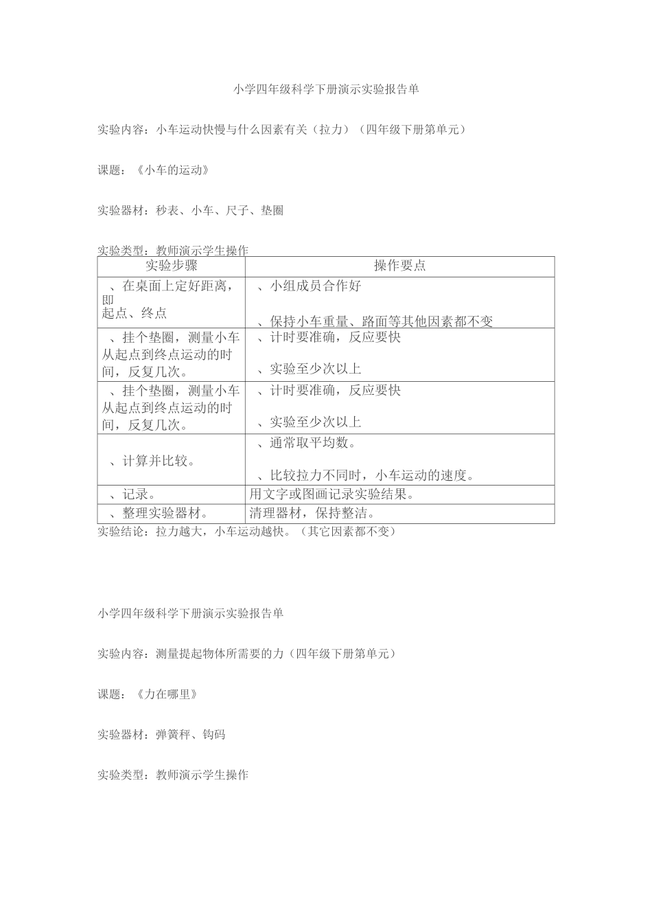 小学四年级科学下册演示实验报告单_第1页