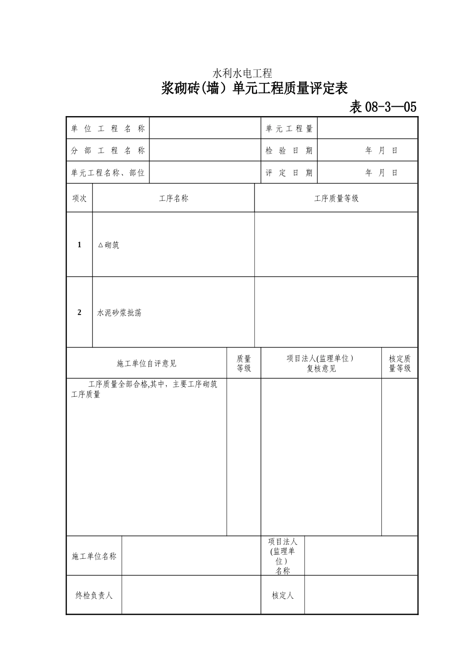 浆砌砖单元工程质量评定表_第1页