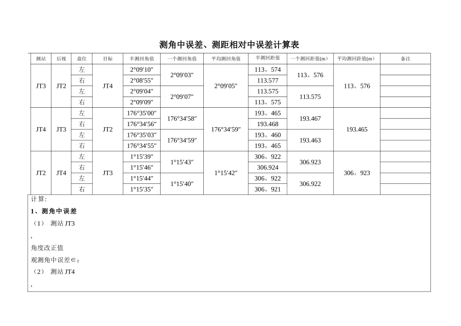 测角中误差、测距相对中误差计算表_第1页