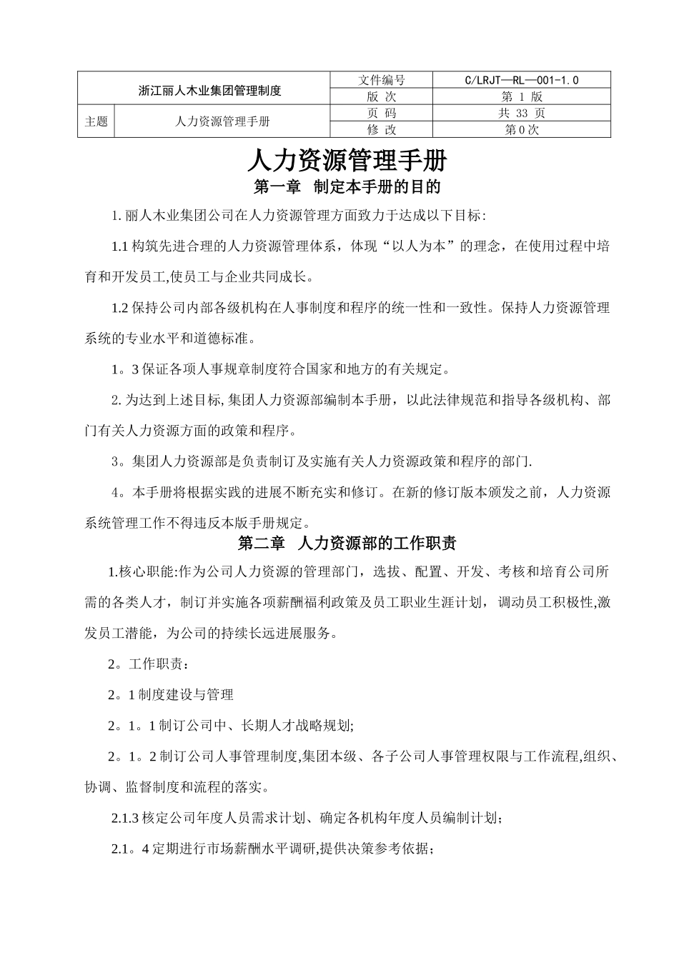 浙江丽人木业集团管理制度人力资源管理手册_第1页