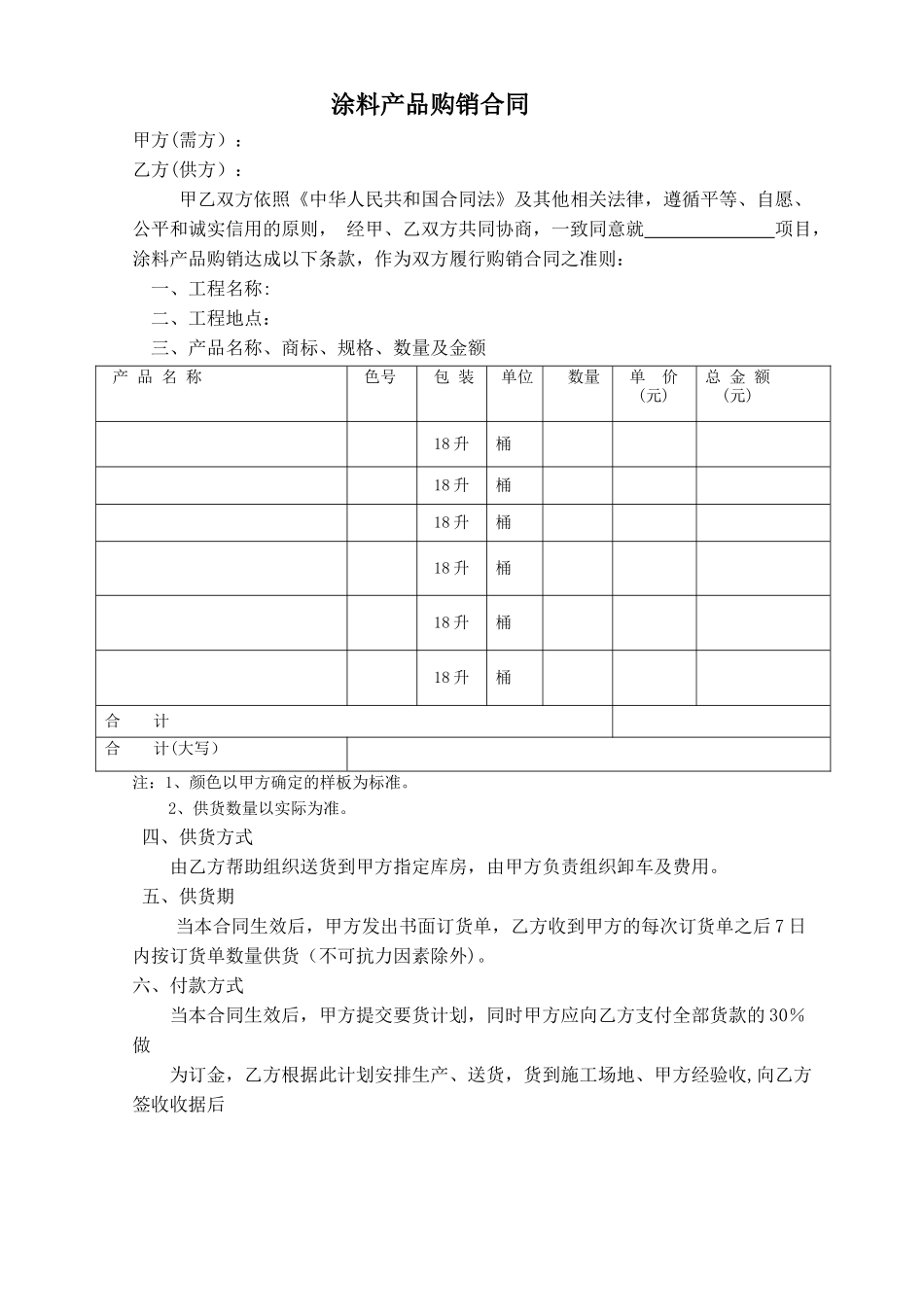 涂料产品购销合同范本_第1页