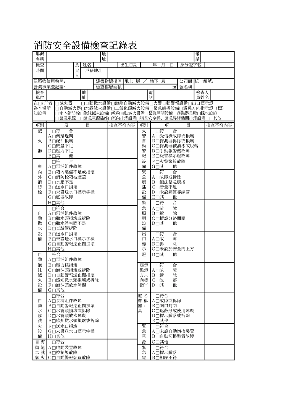 消防安全设备检查记录表_第1页