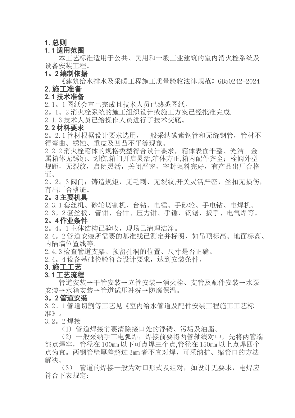 消防栓及给水设备施工工艺标准_第1页