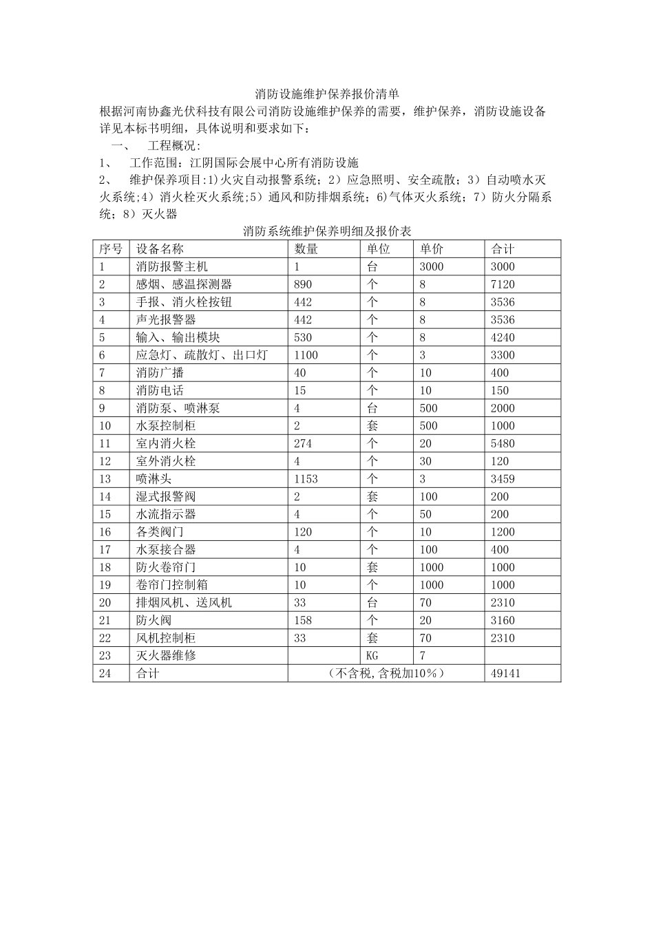 消防设施维护保养报价清单_第1页