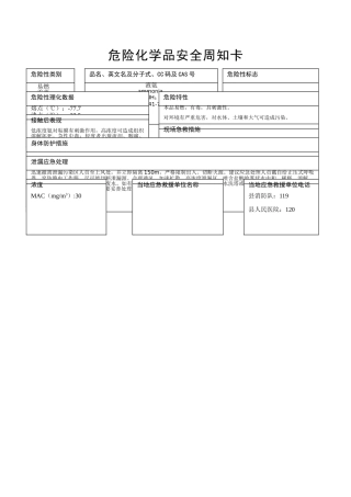 液氨危险化学品安全周知卡