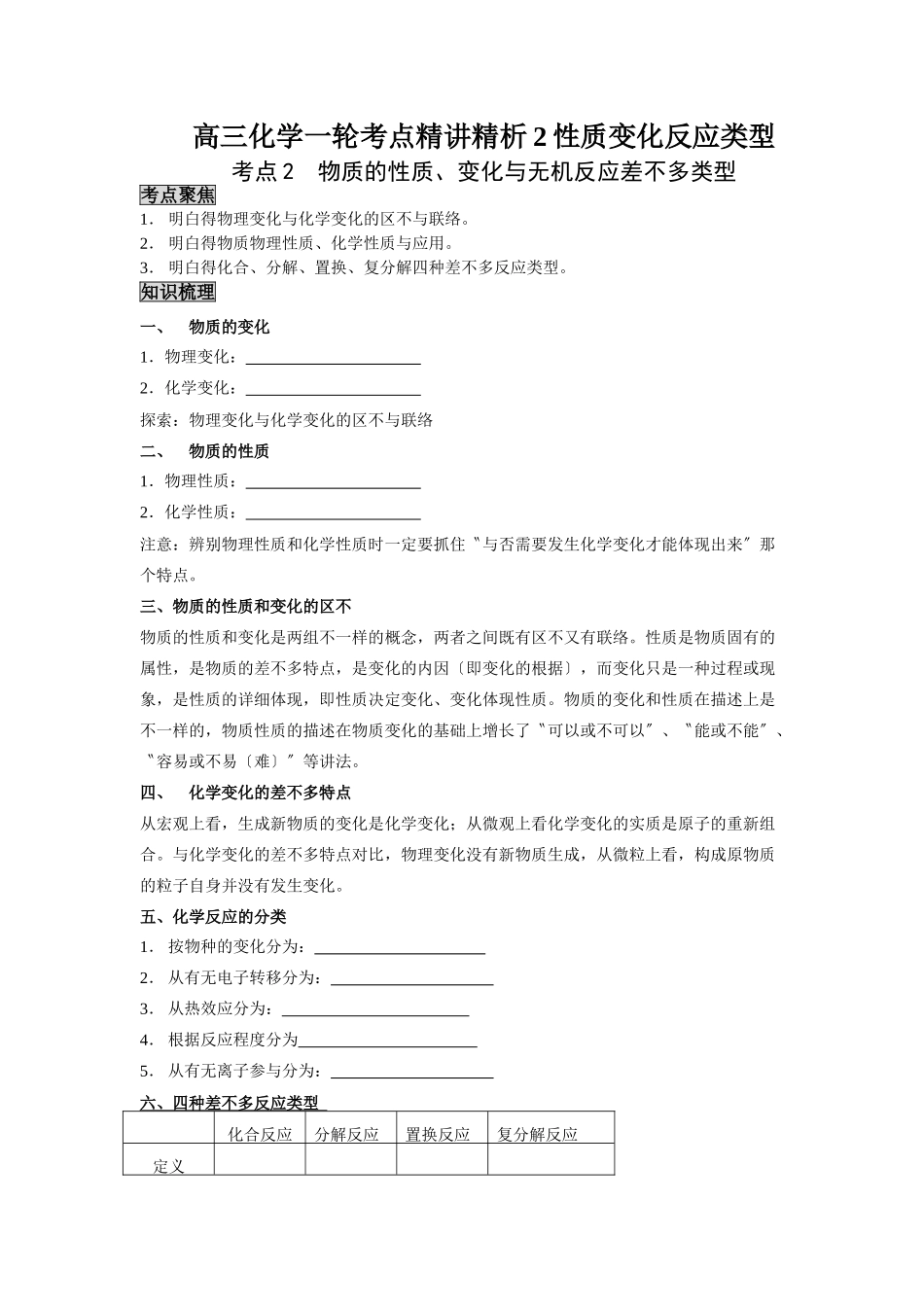 2025年高三化学一轮考点精析2性质变化反应类型_第1页