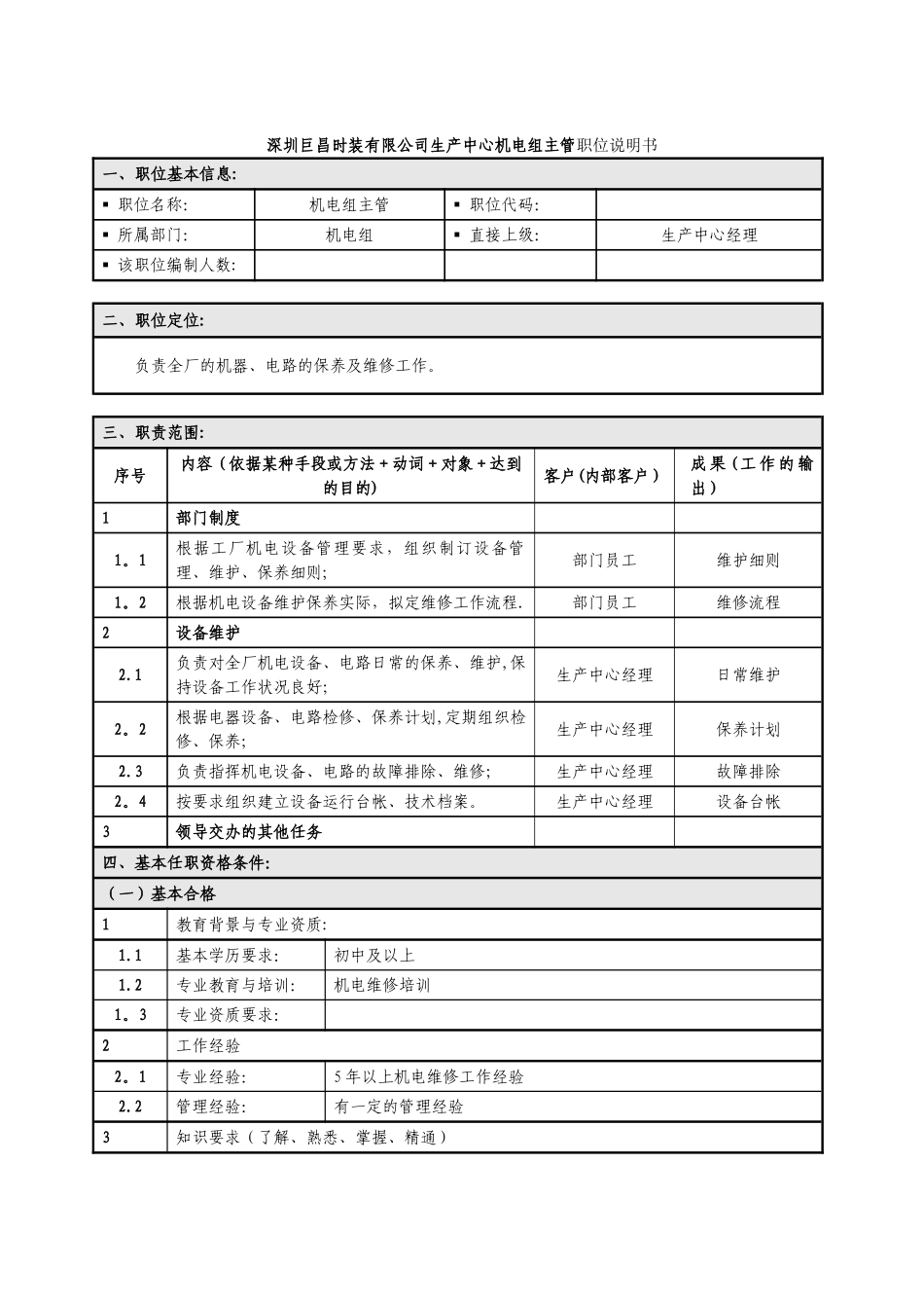 深圳巨昌时装有限公司生产中心-机电组主管-职位说明书_第1页